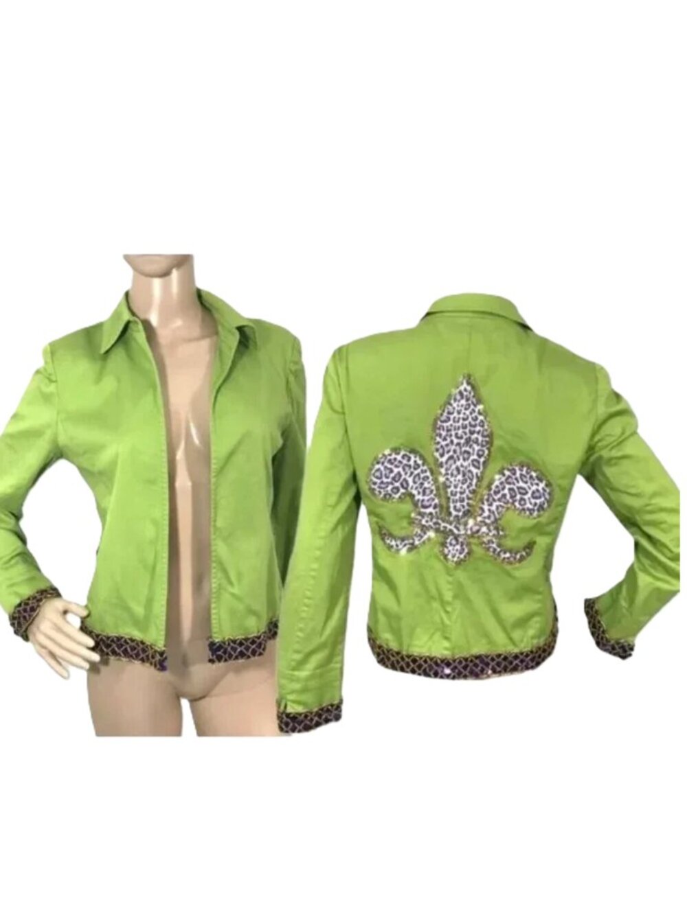 Jessica Howard Open Front Blazer Jacket Green Animal Print Sequins 10